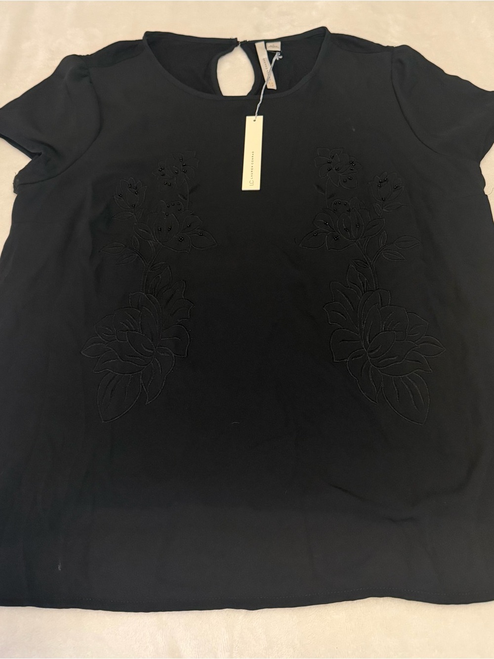 LC Lauren Conrad Black Floral Appliqué Short-Sleeve Blouse